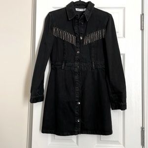 Womens black denim dress with beaded fringe. Size M